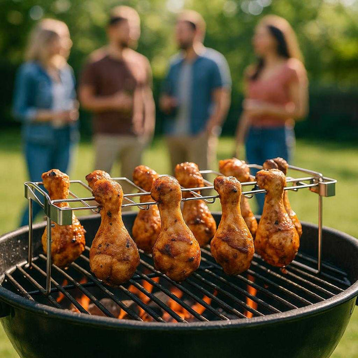 Kyllingeholder i Rustfrit Stål til Grill og Ovn - Professionel og Holdbar til Saftig Kylling. The stainless steel chicken holder positioned on a grill with several marinated drumsticks sizzling over glowing coals during a sunny backyard barbecue, with friends chatting in the background.