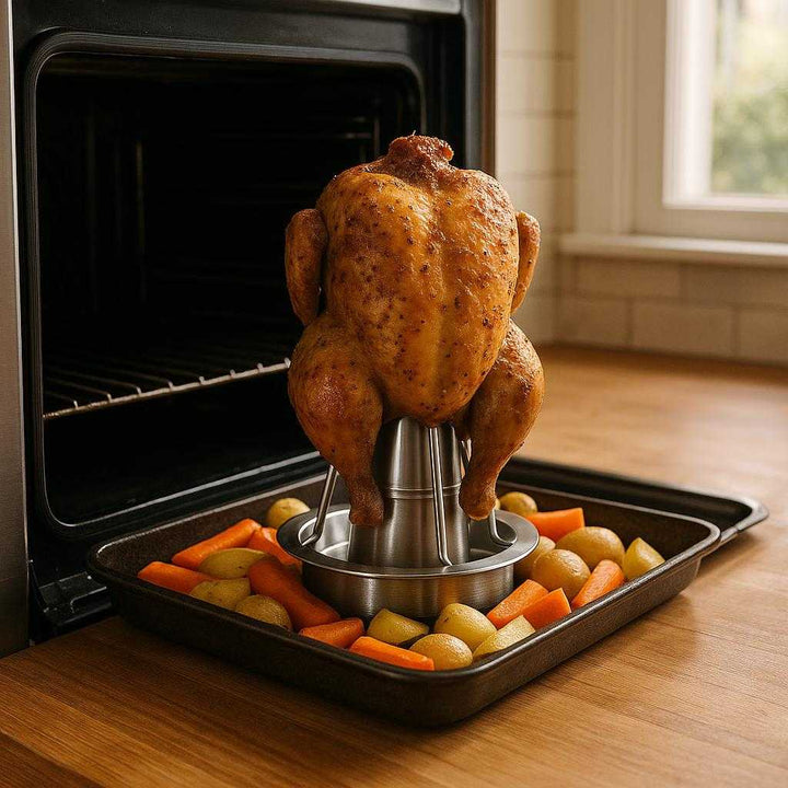 Kyllingestativ i Rustfrit Stål - Kompakt Design, Sølv Finish, Holdbart: A realistic kitchen setting where the stainless steel chicken stand is properly grounded on a wooden kitchen counter, being actively used to roast a chicken in an oven.