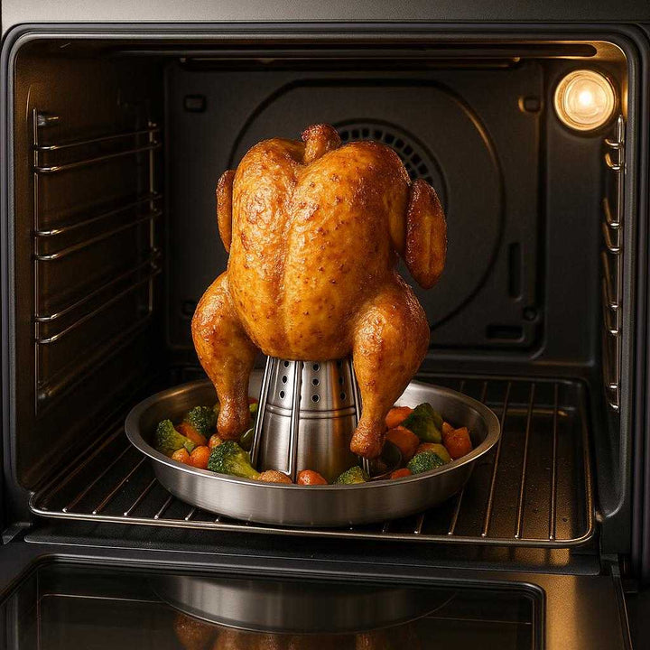 Kyllingestativ i Rustfrit Stål – Professionel Madlavning med Avanceret Design. The stainless steel chicken roaster is positioned in a modern kitchen oven, surrounded by sizzling vegetables and a golden-brown chicken, capturing the essence of professional home cooking.