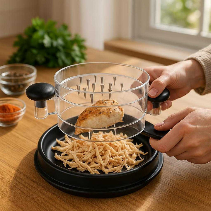 Kyllingestrimler Rivejern - Hånddrevet Kødhakker til Hurtig og Effektiv Madlavning: A realistic kitchen setting where the product is properly grounded on a wooden kitchen counter, being actively used by a person's hands to shred cooked chicken breast.