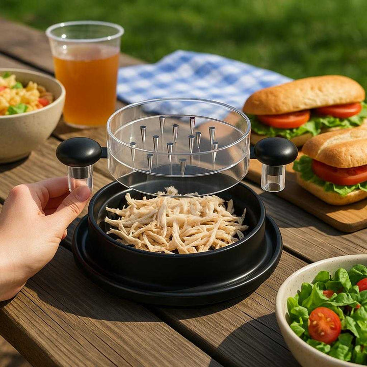 Kyllingestrimler Rivejern - Hånddrevet Kødhakker til Hurtig og Effektiv Madlavning: A different realistic outdoor picnic setting where the product is securely positioned on a sturdy picnic table, being naturally placed alongside a variety of picnic items such as sandwiches, salads, and drinks.