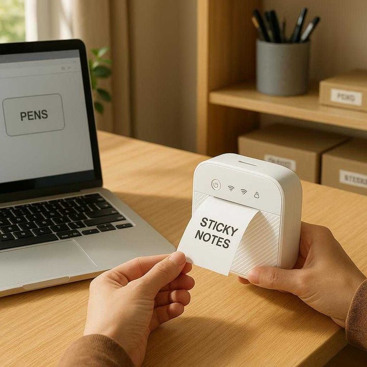 Labelmaskine med trådløs forbindelse og kompakt størrelse - Perfekt til dokumenter og fotos: A realistic home office setting where the label printer is properly grounded on a wooden desk, being actively used by a person's hands to print labels for organizing office supplies.