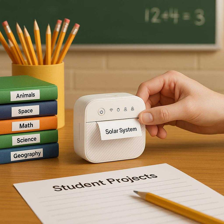 Labelmaskine med trådløs forbindelse og kompakt størrelse - Perfekt til dokumenter og fotos: A different realistic classroom setting where the label printer is securely positioned on a teacher's desk, being used to print labels for student projects and classroom materials.
