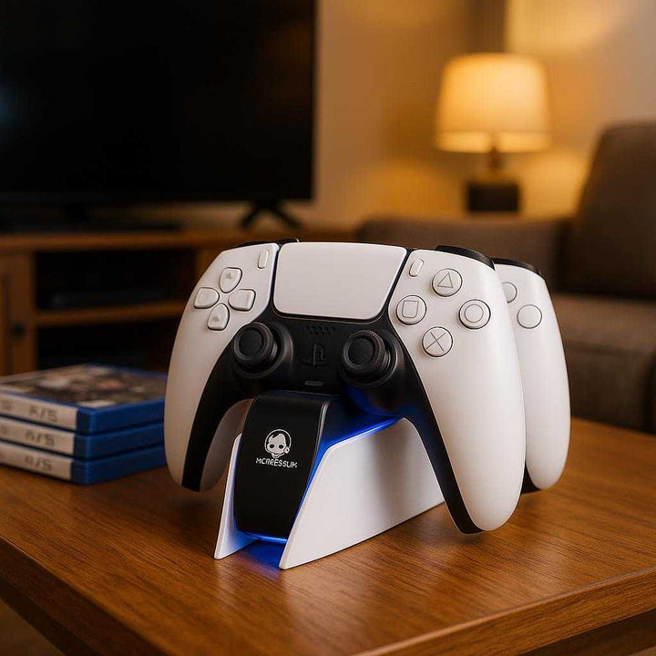 Ladestation i Plastik og Metal med LED Lys, Hurtig Opladning, Pladsbesparende - 3705 Hvid, 3705 Sort: A realistic living room setting where the product is properly grounded on a wooden coffee table, being naturally placed next to a stack of video games and a large screen TV in the background.