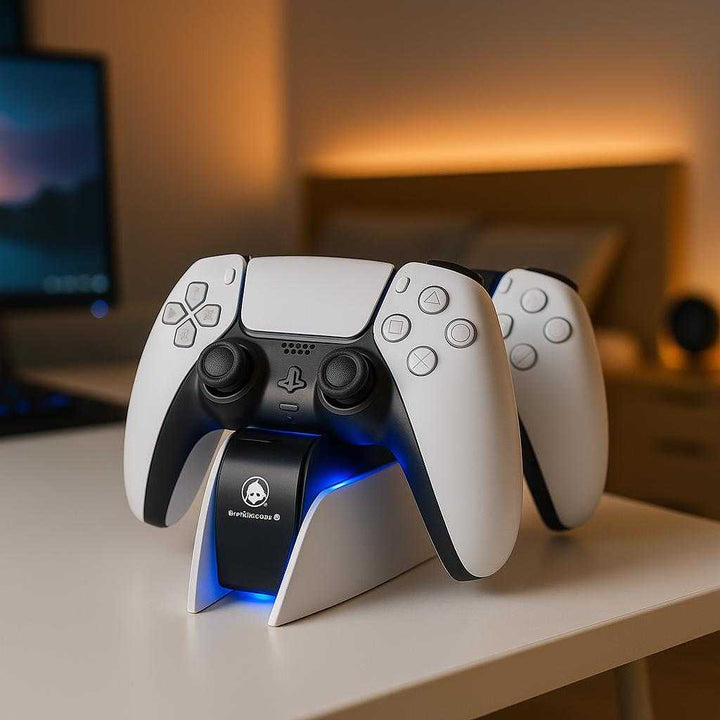 Ladestation i Plastik og Metal med LED Lys, Hurtig Opladning, Pladsbesparende - 3705 Hvid, 3705 Sort: A different realistic bedroom setting where the product is securely positioned on a modern white desk, used as a part of an organized gaming setup.