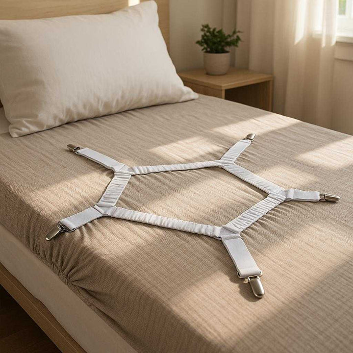 Lagenholdere i Elastisk Sølvfinish - Holdbare Metalclips, Justerbar Design: A realistic bedroom setting where the Lagenholdere i Elastisk Sølvfinish are properly grounded on a neatly made bed, actively used to secure the fitted sheet.