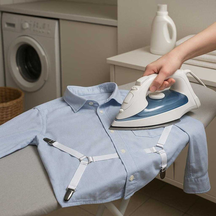 Lagenholdere i Elastisk Sølvfinish - Holdbare Metalclips, Justerbar Design: A different realistic laundry room setting where the Lagenholdere i Elastisk Sølvfinish are securely positioned on an ironing board, being used to hold a shirt in place while ironing.