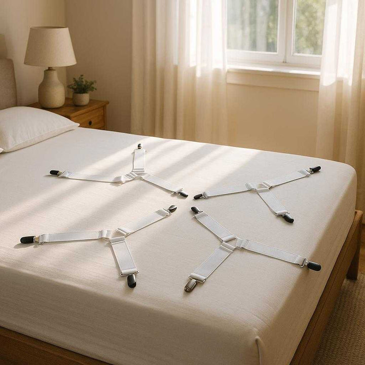 Lagenholdere i høj kvalitet - Sæt med 4 stk. i elastisk design og moderne sølvfinish. The lagenholdere are securely fastened across a neatly made bed, holding the sheet taut while sunlight filters through a bedroom window, creating a serene and inviting ambience.