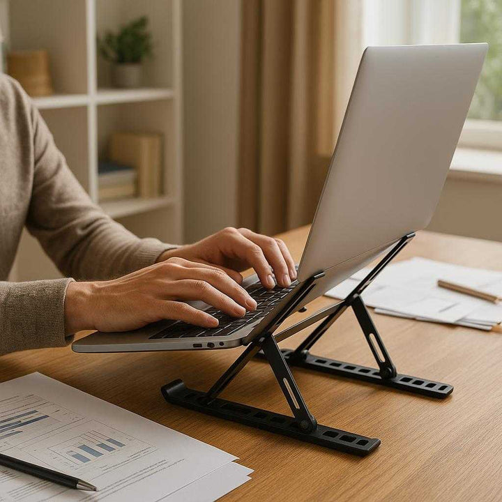 Laptop stand i sort og hvid - Justerbar og foldbar til bedre ergonomi og luftcirkulation: A realistic home office setting where the laptop stand is properly grounded on a wooden desk, being actively used to support a laptop by a person's hands.
