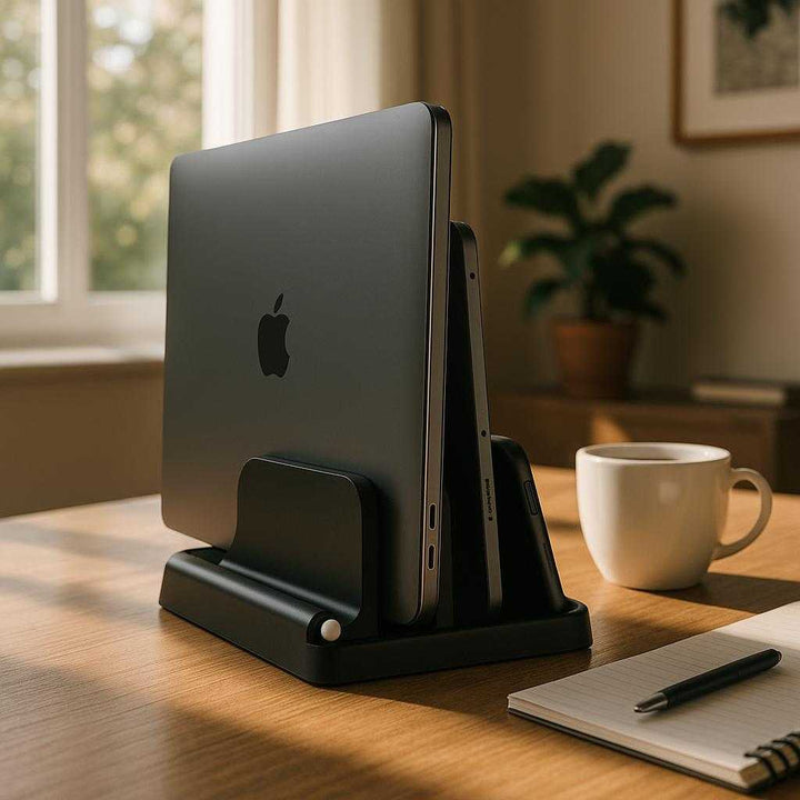 Laptopstativer i aluminium og plastik, sort, pladsbesparende og beskytter enheder: A realistic home office setting where the product is properly grounded on a wooden desk, being actively used to hold a laptop and tablet side by side.