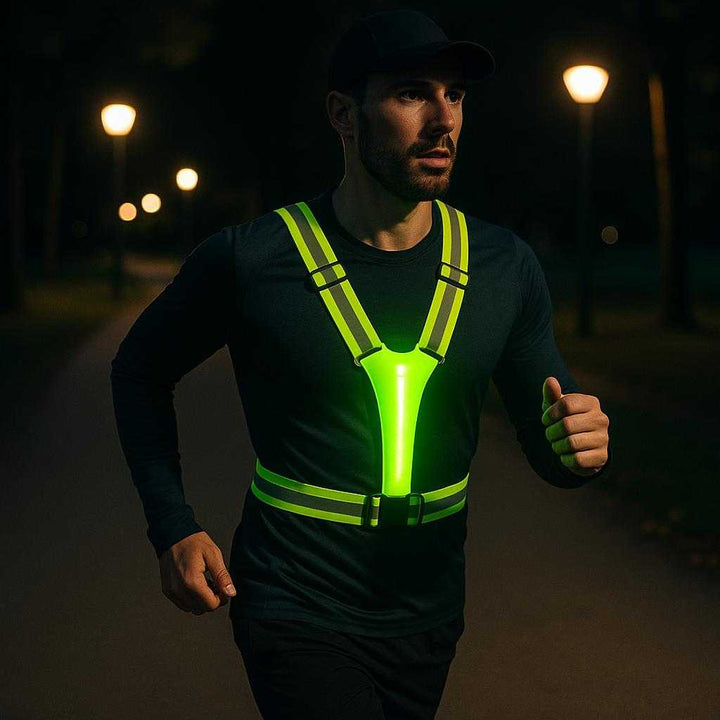 Løbevest med LED Lys i Grøn og Pink - Høj Synlighed Refleksvest til Mørke Løb og Cykling: A realistic evening park setting where the Løbevest med LED Lys i Grøn is properly grounded on a jogger's body, being actively used during a night run.