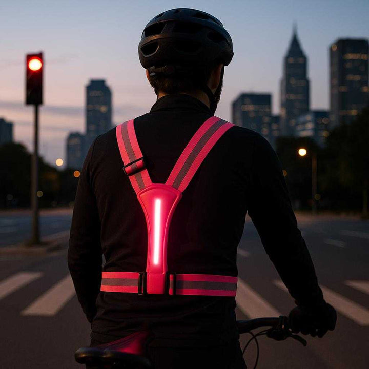 Løbevest med LED Lys i Grøn og Pink - Høj Synlighed Refleksvest til Mørke Løb og Cykling: A different realistic city setting where the Løbevest med LED Lys i Pink is securely positioned on a cyclist, being used during an early morning commute.