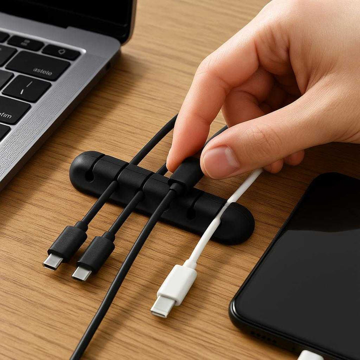 Ledningsholder i moderne design - Perfekt til skrivebord og køkkenapparater, Sort: A realistic office desk setting where the product is properly grounded on a wooden desk surface, being actively used to organize charging cables and USB cords by a person's hand.