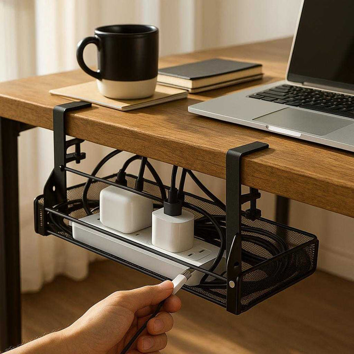 Ledningsskjuler til skrivebord - Moderne design i sort metal og træ, reducerer rod og sparer plads: A realistic home office setting where the product is properly grounded under a wooden desk.