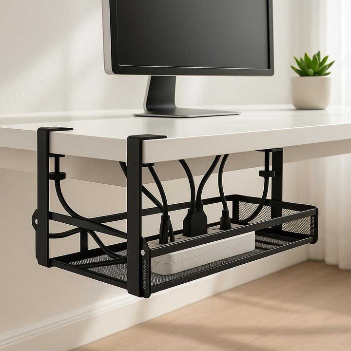 Ledningsskjuler til skrivebord - Moderne design i sort metal og træ, reducerer rod og sparer plads: A different realistic workspace in a bright, minimalist office room where the product is securely positioned under a sleek, white workstation.
