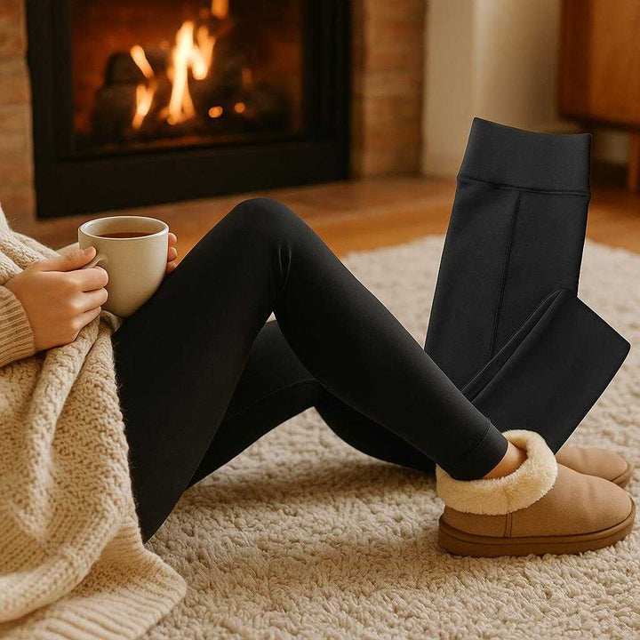 Leggings med foer – Høj Kvalitet Vinterforede Varme Leggings til Dame i Størrelser XS-M og L-XL: A realistic cozy living room setting where the leggings are properly grounded on a soft, plush rug near a fireplace, being actively used by a person lounging comfortably with a warm blanket and a cup of tea, with natural lighting casting soft shadows and showing clear contact points where the leggings touch the rug.