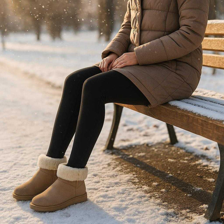 Leggings med foer – Høj Kvalitet Vinterforede Varme Leggings til Dame i Størrelser XS-M og L-XL: A different realistic snowy outdoor setting where the leggings are securely positioned on a person sitting on a wooden bench in a park, wearing them naturally under a long winter coat.