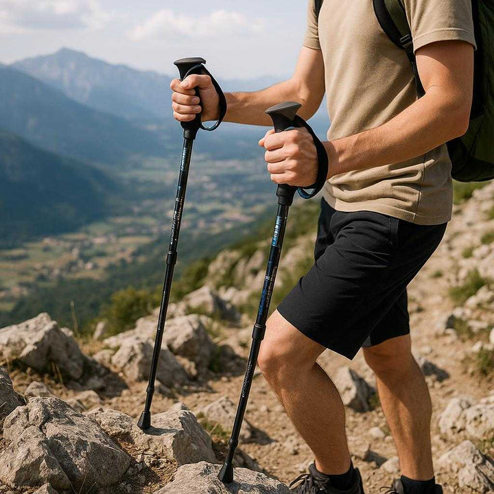 Letvægt vandrestave i aluminium - Justerbare og sammenfoldelige stave til hiking og trekking i sort, rød og blå: A realistic mountain trail overlooking a valley where the lightweight hiking poles are properly grounded on rocky terrain, being actively used by a person trekking uphill.
