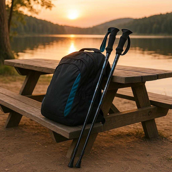 Letvægt vandrestave i aluminium - Justerbare og sammenfoldelige stave til hiking og trekking i sort, rød og blå: A different realistic setting at a campsite by a serene lake.