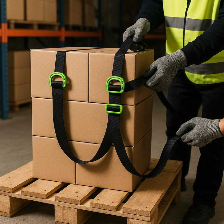 Løftestrop i Grøn Nylon og Plastik - Reducerer Skader, Forbedrer Effektivitet: A realistic warehouse setting where the Løftestrop i Grøn Nylon og Plastik is properly grounded on a wooden pallet, being actively used by a worker to secure a stack of cardboard boxes.