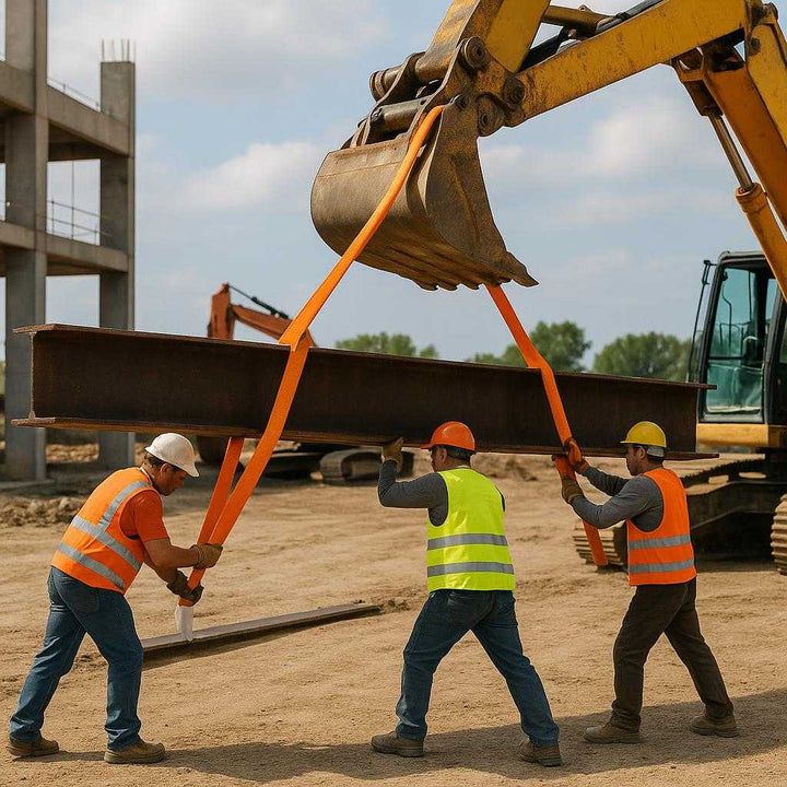 Løftestropper i Slidstærkt Nylon - Professionel Støtte til Tunge Løft i Orange. At a construction site, the durable orange nylon lift straps are utilized to elevate a heavy metal beam, with workers and machinery in the backdrop, highlighting a seamless operation.