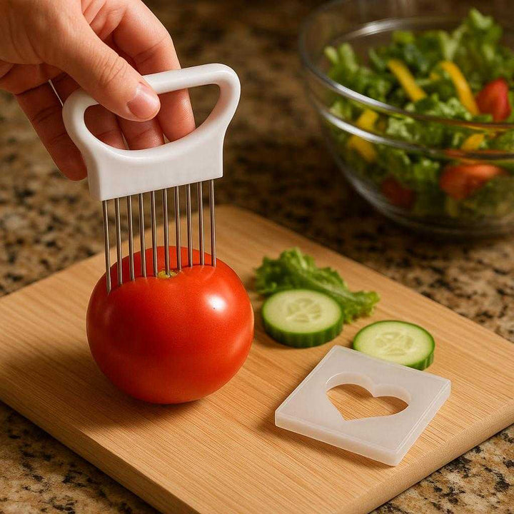 Løgskærerholder i rustfrit stål til nem og præcis løgskæring - Professionelt køkkentilbehør med hvidt håndtag: A different realistic home cooking setting where the product is securely positioned on a granite countertop, being used differently to prepare vegetables for a salad.