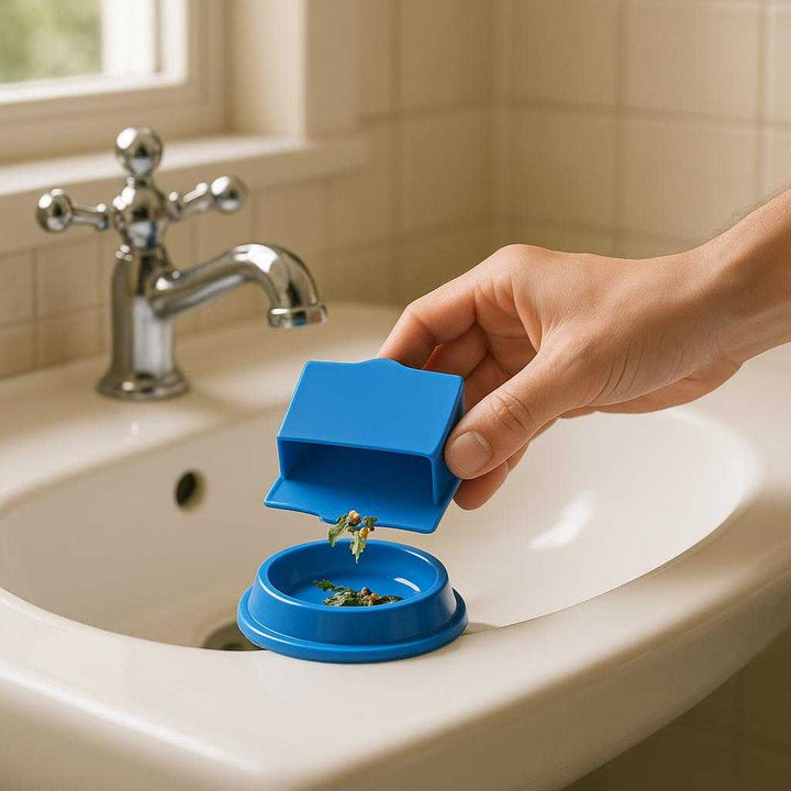 Lækagesikring Engangs Brækpose til Hjemmet - Blå, Lilla, Orange Farver: A realistic home bathroom setting where the product is properly grounded on the edge of a white porcelain sink, being actively used by a person who is gently holding it with one hand, demonstrating its usage for collecting waste.