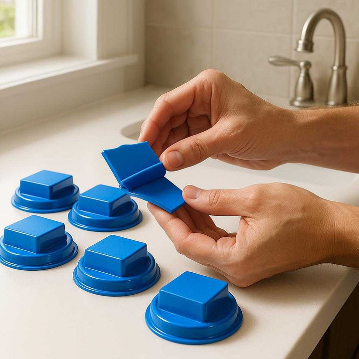 Lækagesikring Engangs Brækpose til Hjemmet - Blå, Lilla, Orange Farver: A realistic home bathroom setting where the product is properly grounded on a white countertop, being actively used by a person's hands as they demonstrate unfolding and preparing it for use, with natural sunlight from a nearby window casting realistic shadows and showing clear contact points where the product touches the surface.