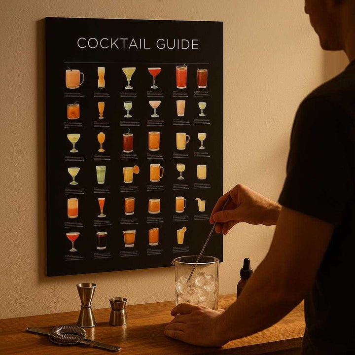 Lærredsbillede Cocktail Guide – Professionel Vægdekoration i Høj Kvalitet til Bar & Hjem: A realistic home bar setting where the product is properly grounded on the wall behind a wooden bar counter, being naturally placed by a person mixing cocktails with various bar tools laid out, with natural warm lighting casting realistic shadows and showing clear contact points on the wall.