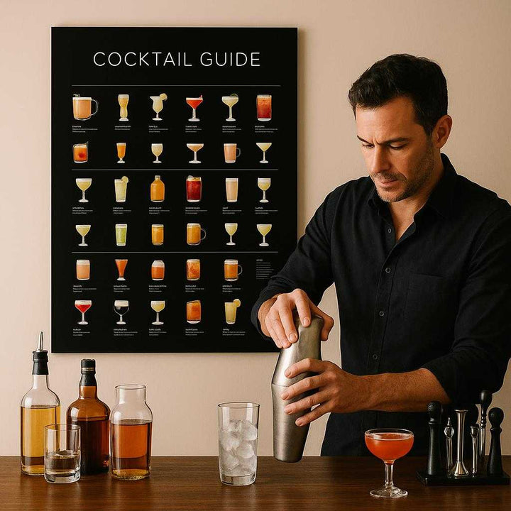 Lærredsbillede Cocktail Guide – Professionel Vægdekoration i Høj Kvalitet til Bar & Hjem. The high-quality cocktail guide canvas is displayed prominently on a wall behind a sleek home bar setup, with a bartender expertly mixing drinks using the recipes from the guide.