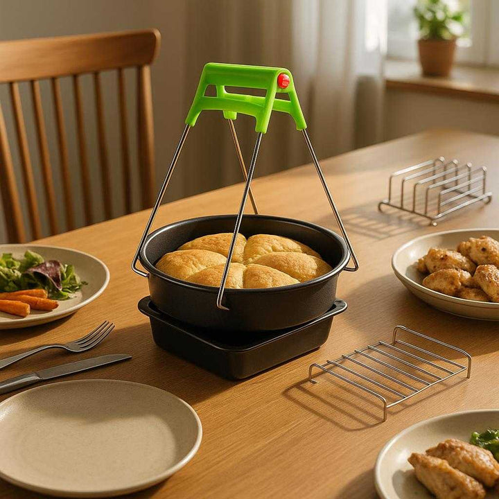 Luftcirkulation Ninja Airfryer Tilbehør Sæt - Høj Kvalitet Non-stick Metal og Plastik: A different realistic dining room setting where the Luftcirkulation Ninja Airfryer Tilbehør Sæt is securely positioned on a dining table, naturally placed among a family meal setup.