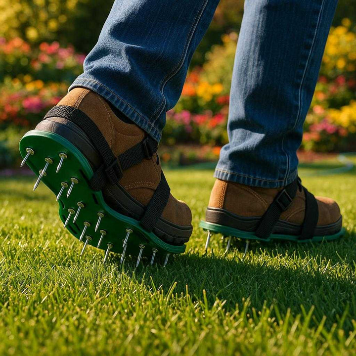 Luftningssko til effektiv græsplæneluftning - Grøn, one size fits all. A lush, sunlit garden in spring, where the product is securely strapped onto a person's shoes, as they walk across a vibrant, green lawn. The sun casts gentle shadows, highlighting the metallic spikes of the aeration shoes sinking into the earth. The background shows colorful flower beds and a garden hose, emphasizing a setting of gardening and lawn care, creating a sense of tranquility and satisfaction.