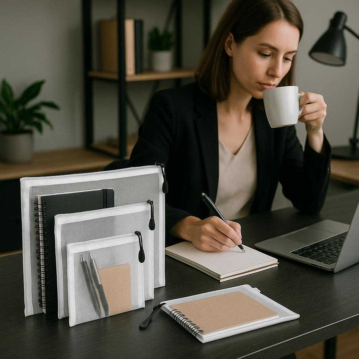 Lynlåspose - Praktisk og holdbar opbevaringsløsning i moderne design, tilgængelig i flere størrelser. In a stylish and organized office setting, the bags are neatly holding various office supplies like pens and notebooks on a sleek desk, with a focused professional efficiently working and sipping coffee nearby.