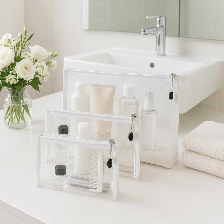 Lynlåspose - Praktisk og holdbar opbevaringsløsning i moderne design, tilgængelig i flere størrelser. The bags are arranged in a bright, modern bathroom, organizing toiletries and skincare products on a clean countertop, surrounded by fresh flowers and soft towels, emphasizing easy access and elegant organization.