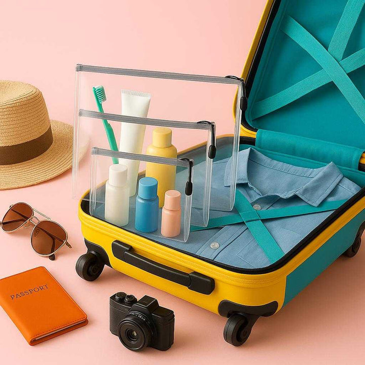 Lynlåspose - Praktisk og holdbar opbevaringsløsning i moderne design, tilgængelig i flere størrelser. The product is showcased in a vibrant travel setting, packed with travel essentials and toiletries, amidst a colorful suitcase, highlighting its practicality and modern design.