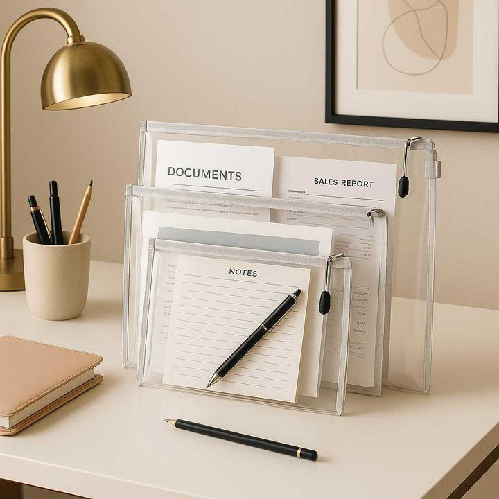 Lynlåspose - Praktisk og holdbar opbevaringsløsning i moderne design, tilgængelig i flere størrelser. The product is used in a chic office setting, filled with neatly organized documents and stationery, on a stylish desk, enhancing productivity and elegance.