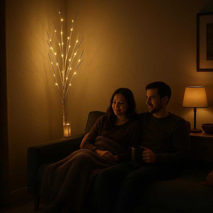 Lysgrene med LED i Hvidt Birketræ Look - Perfekt til Indendørs og Udendørs Brug. The LED birch tree lights are elegantly illuminating a cozy living room corner at night, creating a warm ambiance as a couple relaxes on a nearby sofa.