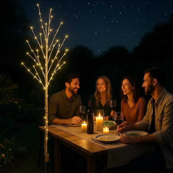 Lysgrene med LED i Hvidt Birketræ Look - Perfekt til Indendørs og Udendørs Brug. The LED birch tree lights enhance a festive outdoor garden setting, beautifully accenting a dinner table under a starry sky, surrounded by friends enjoying an evening gathering.
