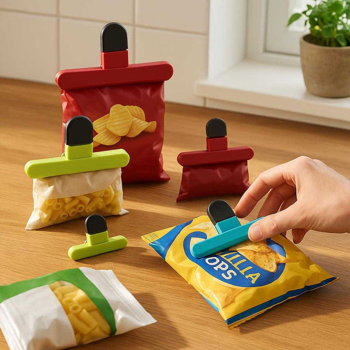 mad Taske Clips i Plastik, metal og Gummi - 3 Store + 6 Små Forseglingsklemmer: A realistic kitchen setting where the mad Taske Clips in Plastik, metal og Gummi are properly grounded on a wooden kitchen counter, being actively used to seal partially opened bags of snacks and chips.