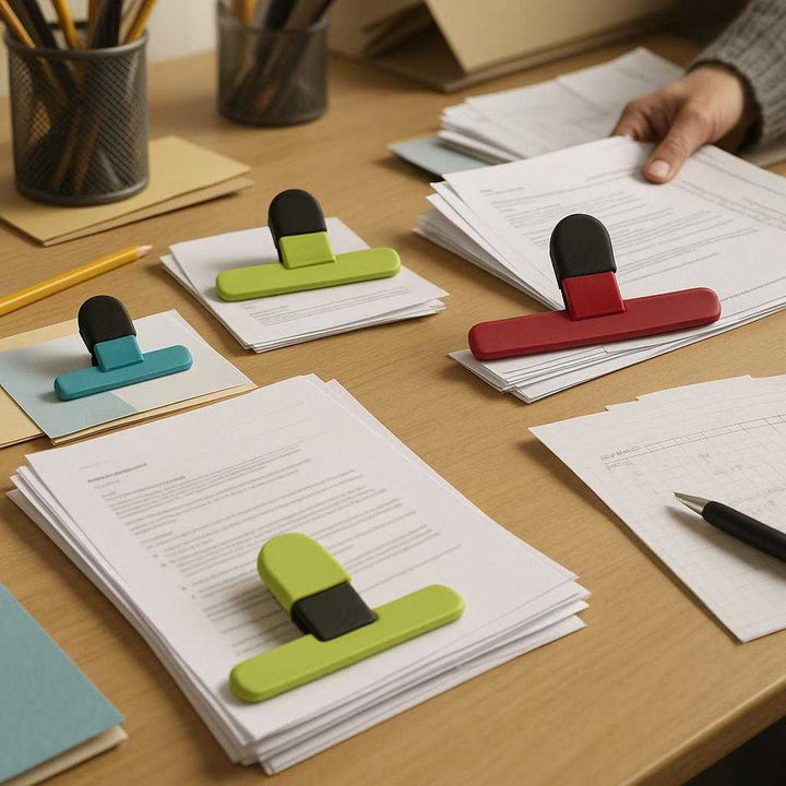 mad Taske Clips i Plastik, metal og Gummi - 3 Store + 6 Små Forseglingsklemmer: A different realistic office setting where the mad Taske Clips in Plastik, metal og Gummi are securely positioned on a desk, being used to organize and hold papers together.