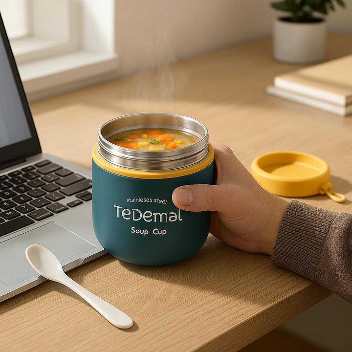 Madbeholder i rustfrit stål - Bærbar, Temperaturbevarende, Genanvendelig - Flere Farver: A realistic office setting where the stainless steel soup cup is properly grounded on a desk, being actively used by a person holding it with one hand while typing on a laptop with the other.