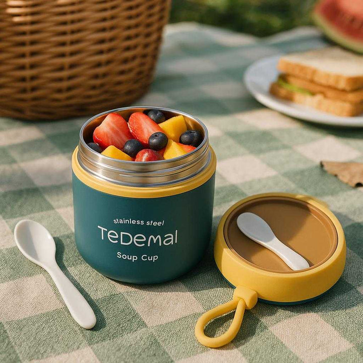 Madbeholder i rustfrit stål - Bærbar, Temperaturbevarende, Genanvendelig - Flere Farver: A different realistic outdoor picnic setting where the soup cup is securely positioned on a picnic blanket, filled with fresh fruit.