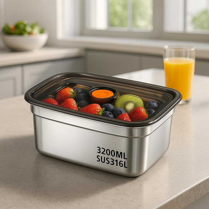 Madbeholder i rustfrit stål med lufttæt låg - 3200 ml opbevaring til køleskab og fryser: A modern kitchen setting, where the stainless steel food container is prominently placed on a sleek countertop.