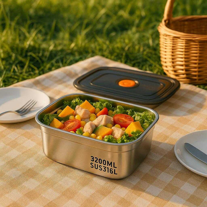 Madbeholder i rustfrit stål med lufttæt låg - 3200 ml opbevaring til køleskab og fryser: An outdoor picnic scene, where the stainless steel container is set on a checkered picnic blanket surrounded by lush greenery.