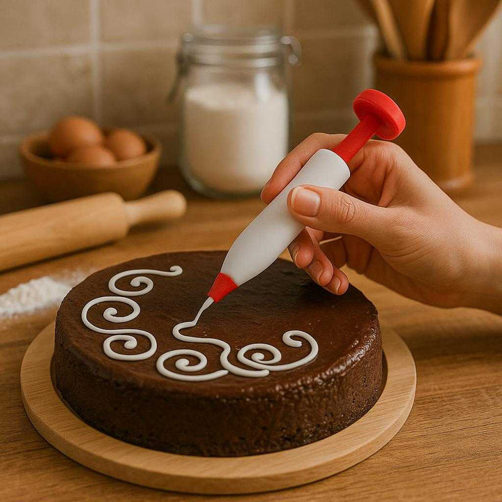 Maddekorationspen – Professionel Høj Kvalitet til Mad Dekoration i Hvid med Røde Ender. The professional food decoration pen is skillfully held by a hand as it intricately decorates a chocolate cake with white icing swirls in a cozy kitchen filled with baking tools.