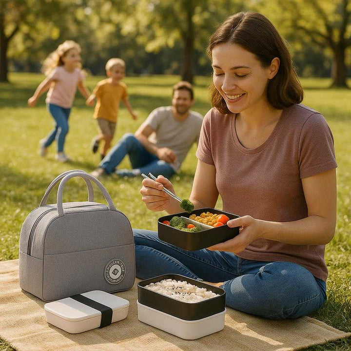 Madkassetaske med Termotaske og Todelt Madkasse - Hvid & Sort, Avanceret Funktionalitet. The advanced functionality lunch box set, featuring a white and black bento box with a thermal bag, is being used during a picnic in the park, with a family enjoying a sunny day and children playing in the background.