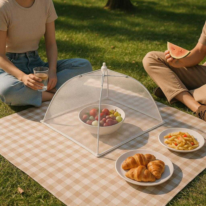 Madkuppel i Finmasket Net - Elegant Beskyttelse til Dine Retter med Stil og Funktionalitet. A stylish picnic setup on a checkered blanket at the park features the sleek mesh food cover protecting a bowl of fruit from the sun, with people enjoying their meals nearby.