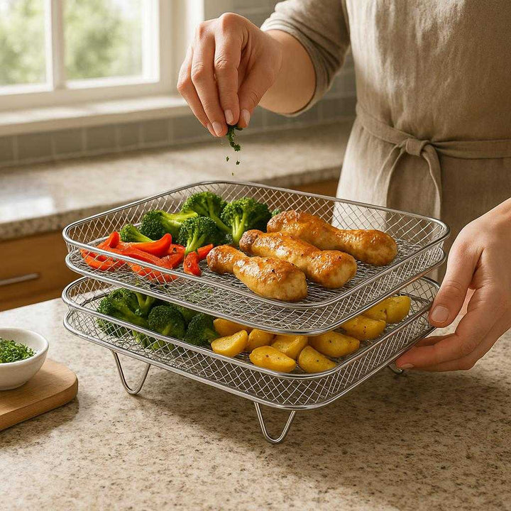 Madlavningseffektivitet med Tre-lags Airfryer Rist i Rustfrit Stål for Smagskontrol: A realistic kitchen setting where the three-layer stainless steel air fryer rack is properly grounded on a countertop, being actively used by a person to prepare a meal with vegetables and chicken.