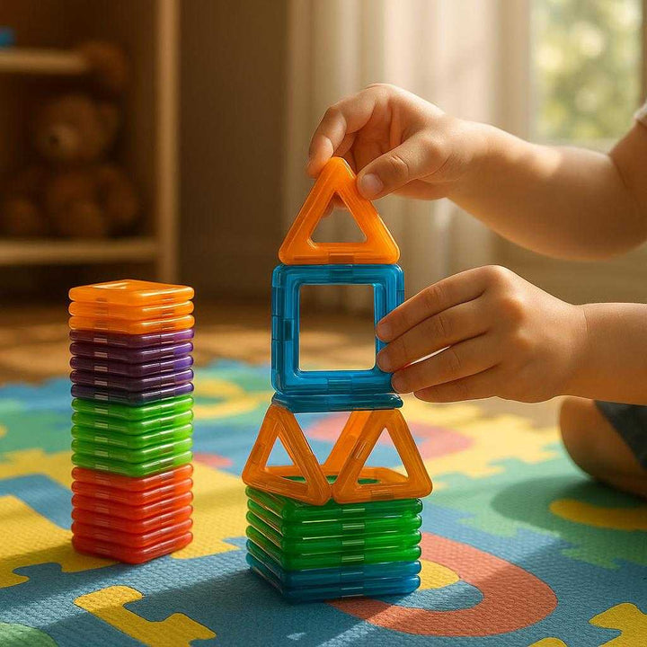 Magnetisk Byggesæt til Børn – 50 Farverige Dele med Figurer og Kreativ Leg: A realistic children's playroom setting where the Magnetisk Byggesæt is properly grounded on a colorful playmat, being actively used by a small child's hands to build a creative structure.