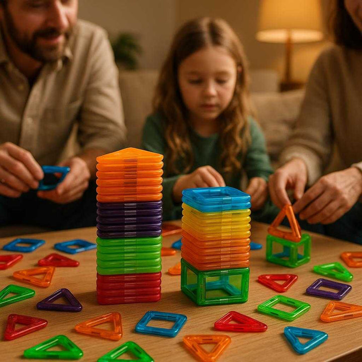 Magnetisk Byggesæt til Børn – 50 Farverige Dele med Figurer og Kreativ Leg: A different realistic living room setting where the Magnetisk Byggesæt is securely positioned on a wooden coffee table, naturally placed in the middle of an ongoing transformational building project.